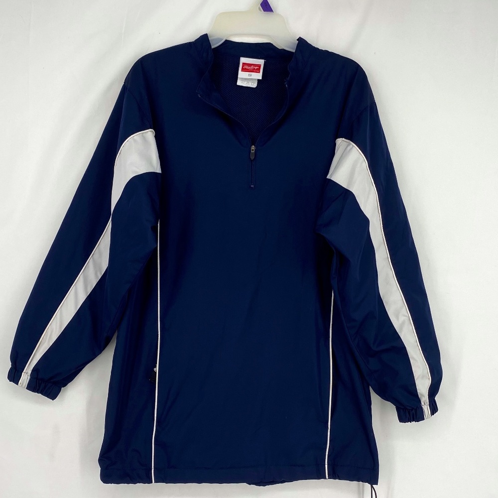 Rawlings Mens Size Small Pullover Windbreaker Jacket Shirt Navy Blue White LS